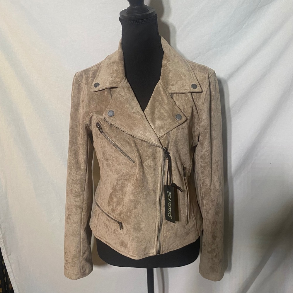 Blank NYC Shroom Vegan Suede Moto Jacket Taupe Asymmetrical Zip Size M